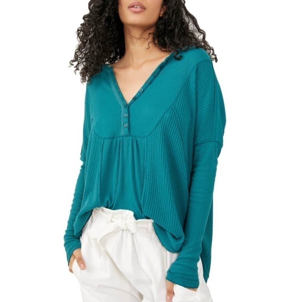 NWT Free People Leo Waffle Knit Thermal Henley Top in Teal Green
